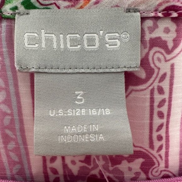 Chicos Blouse Coastal Tile Chiffon Bubble Hem Pink Orange XL - Picture 11 of 12